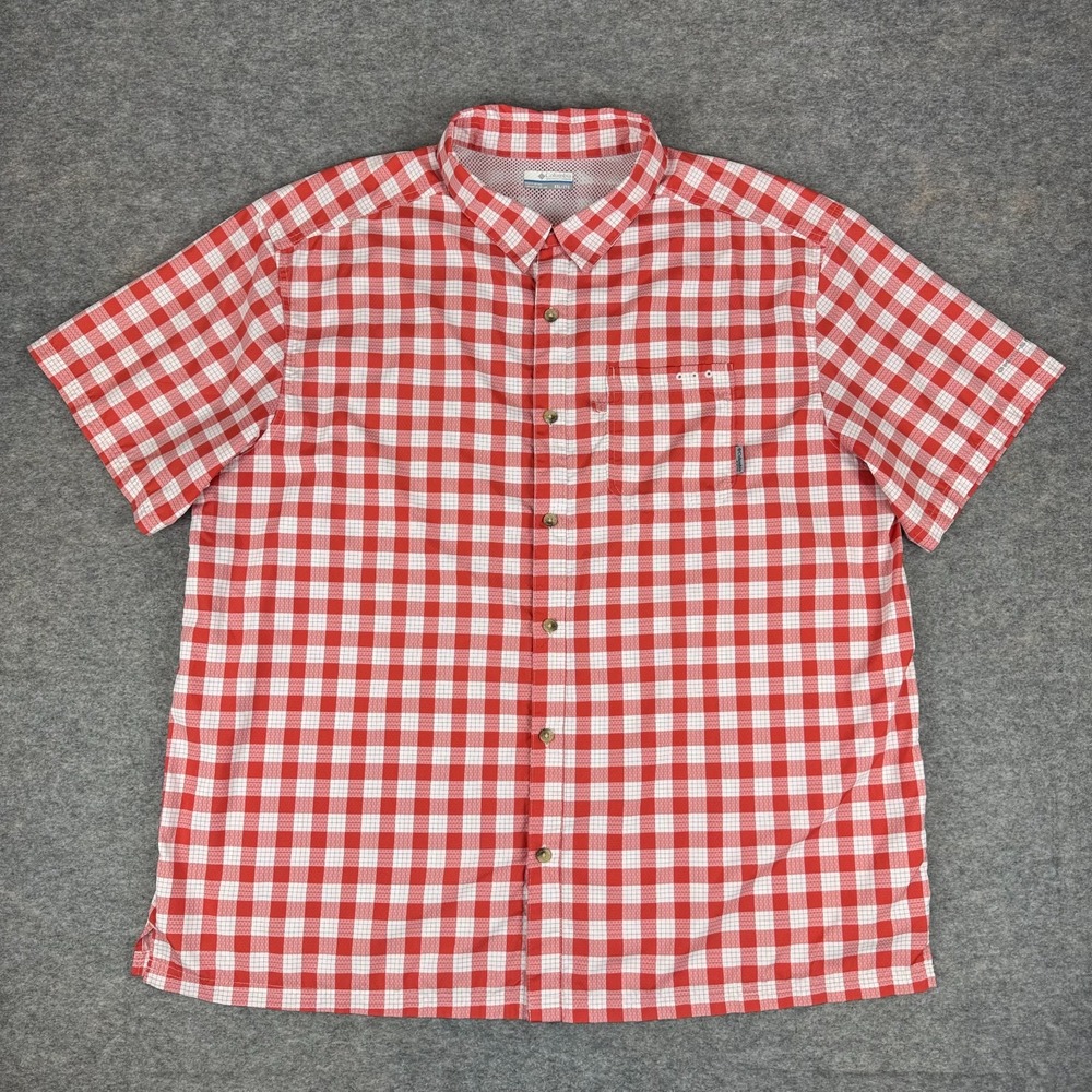 Columbia PFG Super Slack Tide Camp Shirt Check Vented Pocket Red Mens 2XL XXL